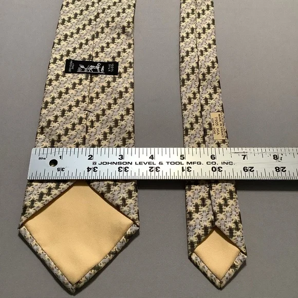 Hermes Paris silk tie Made in France Yellow Gray Green Black Hashtag Pattern - Picture 5 of 6